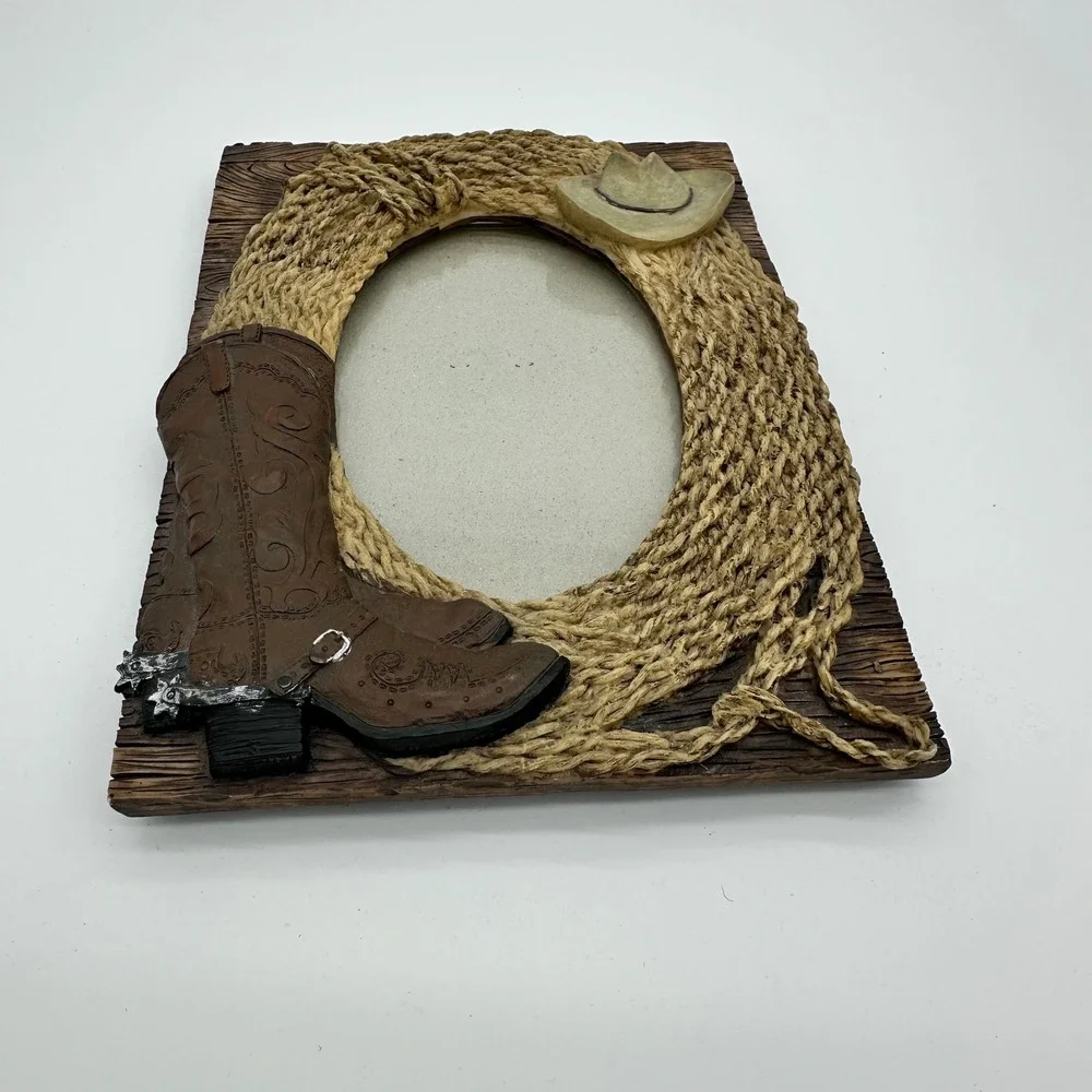 Western Cowboy Boot‎ Hat Rope 3D Resin Picture Frame Rustic Decor Brown